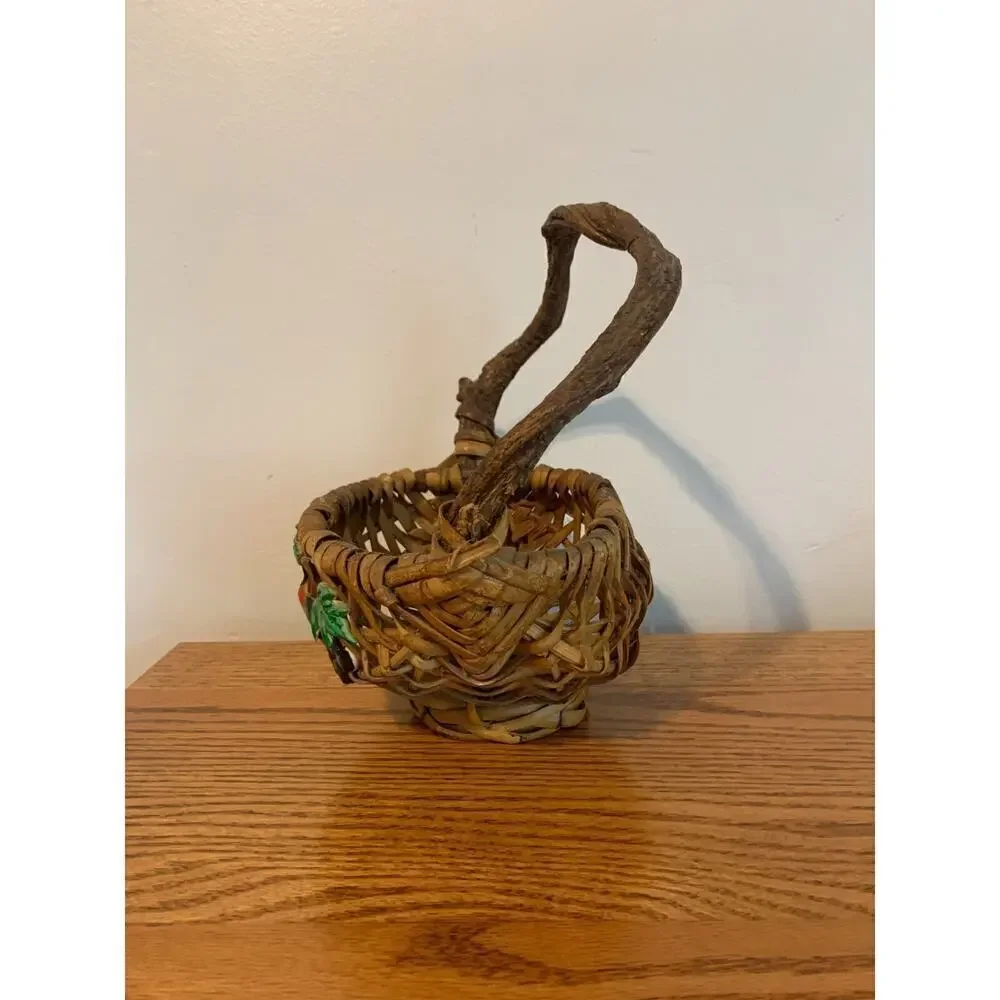 VTG Fruit Wicker Gathering Basket God's Eye Branch Handle Woven Hand Painted
